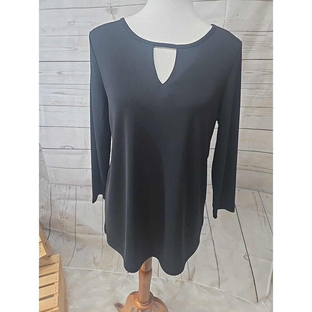 Talbots Top Womens Medium Solid‎ Black Keyhole Neckline 3/4 Sleeve Stretch